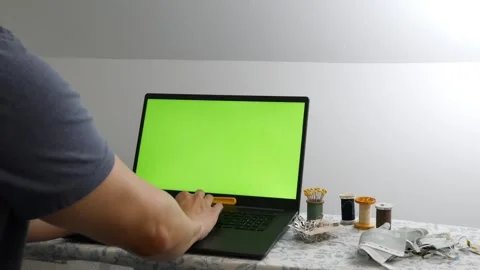 Green screen on laptop with hands typing on keyboard Stock-Footage 247874307