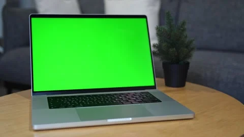 Green Screen Laptop Mockup On Living Room Table Stock Footage 338040407