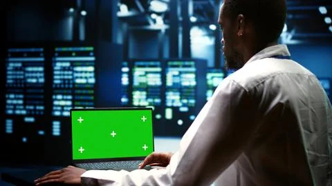 Green screen laptop server scan Foto stock
