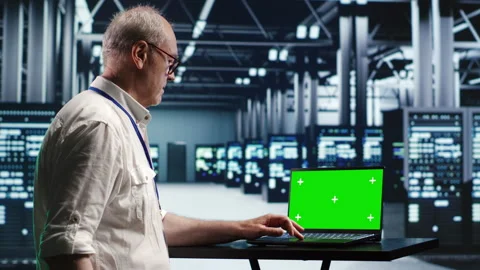Green screen laptop servers optimizing Stock Footage 249970061