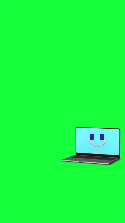 Green screen laptop smile with open computer, happy face display, and large chro Stock Footage 340556942
