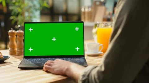 Green screen on laptop, solving daily tasks, wireless computer work Foto stock