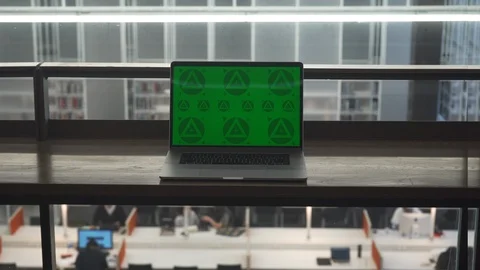 Green Screen Laptop on the Table in Office. 4K Close Up. Stock Footage 112307159