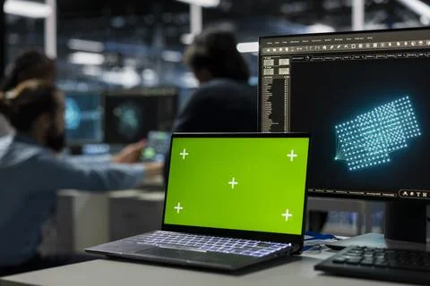 Green screen laptop used by developers in data center using AI LLM assistant Foto stock