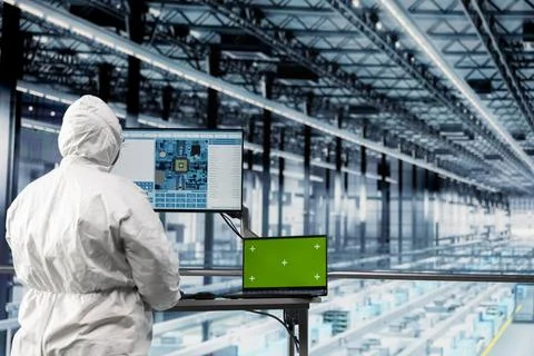 Green screen laptop used by engineer in microchip factory to improve efficiency Stock Photos