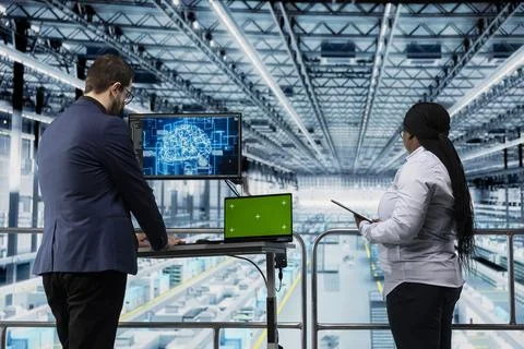 Green screen laptop, visualizing machinery data and workers in microchip factory Stock Photos