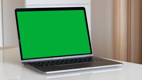 A Green Screen Laptop on a White Table at Home Stock Photos