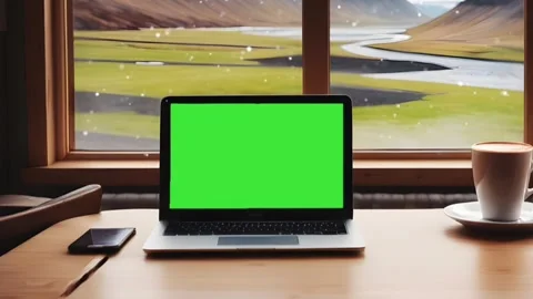 Green screen laptop ,zoom effect ,Laptop mock up, coffee .Icelandic landscape Stock Footage 266203960