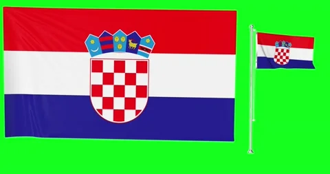 Green screen loop of Croatia two flags waving croatian flagpole animation 3d Stock Footage 138136349