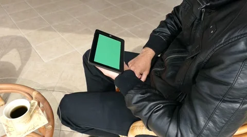 Green Screen Male Model Looking At Ipad - Tablet Technology Internet Search Stock Footage 48949173