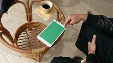 Green Screen Male Model Looking At Ipad - Tablet Technology Internet Search Stock Footage 49110326