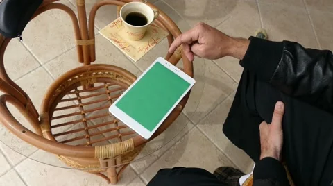 Green Screen Male Model Looking At Ipad - Tablet Technology Internet Search Stock Footage 49110453