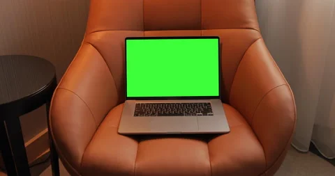 Green Screen Mock-up Laptop Placed on the Armchair at the Luxury Home  Office.  Stock Footage 140248897