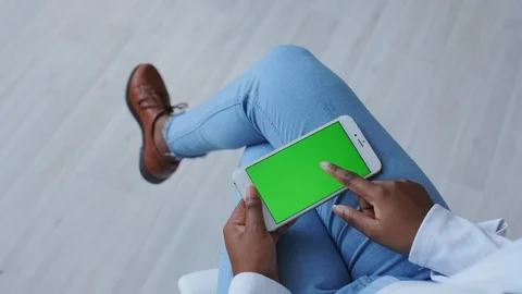 Green screen for Mock-up Replace. Afro Young Woman using Modern mobile gadget Stock Footage 121092783