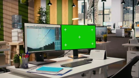 Green screen mockup computer used for smart electric grid development Stock Footage 316002460