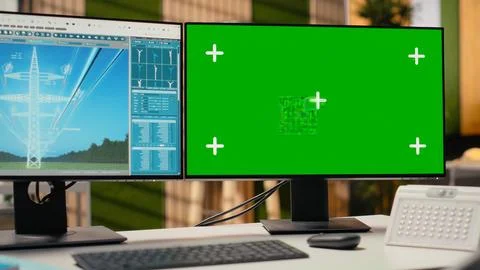 Green screen mockup computer used for smart electric grid development Stock Photos