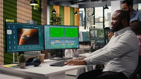 Green screen mockup, generative AI video of Mars, dual monitors 写真素材