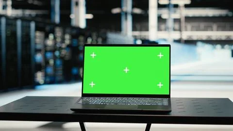 Green screen mockup laptop in data center uses to upgrade infrastructure rigs Stock Photos