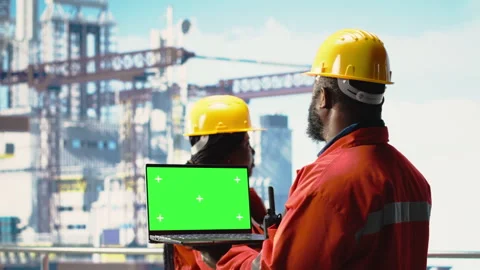 Green screen mockup laptop software used by drilling rig experts Stock Footage 319973514
