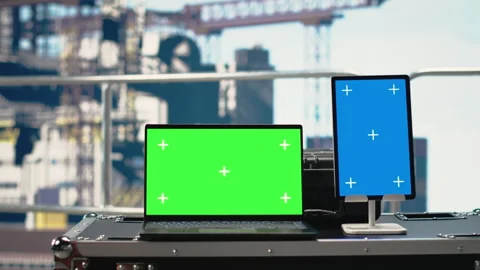 Green screen mockup tablet and laptop on offshore platform deck Stock Footage 319969835