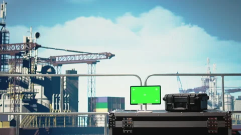 Green screen mockup tablet on drilling rig ship monitoring operations Stock Footage 319972814