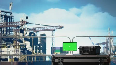 Green screen mockup tablet on drilling rig ship monitoring operations Stock Photos