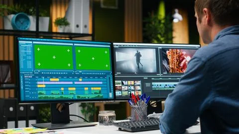 Green screen next to videographer cutting and editing video footage Stock Photos