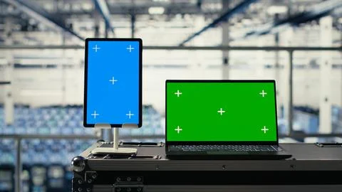 Green screen notebook and mockup tablet in industrial data center Stock Photos
