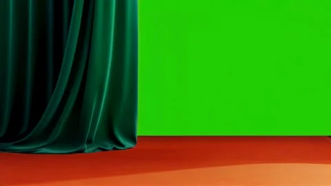 Green screen opens behind teal curtains on color floor Video stock 317217417