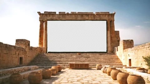Green screen or chroma key placed on a screen of an ancient outdoor theatre. Video stock 253113349