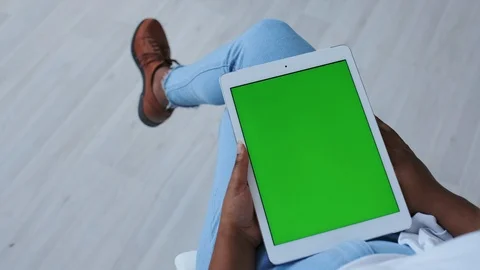 Green screen or Mock-up Tracking. Afro Black Girl with Mobile Tablet PC. Touch Stock Footage 121096217