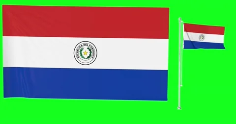 Green screen Paraguay two flags waving paraguayan flagpole animation 3d chroma k Stock Footage 138134347
