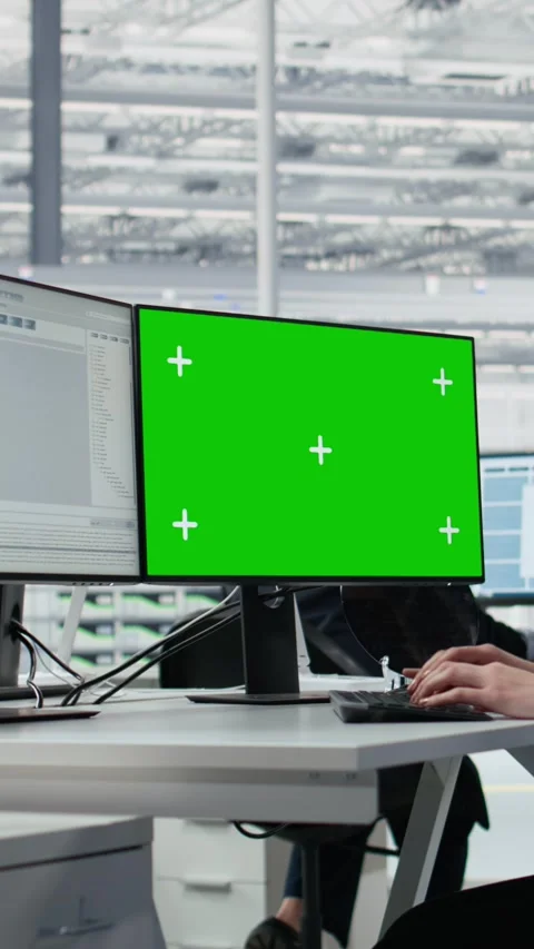 Green screen PC, coding and woman in microchip factory office Stock Footage 335883283