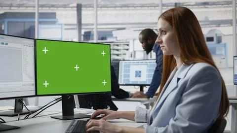 Green screen PC, coding and woman in microchip factory office Stockfoto's
