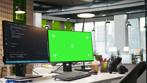 Green screen PC display on startup office desk showing programming languages Stock Footage 313164871