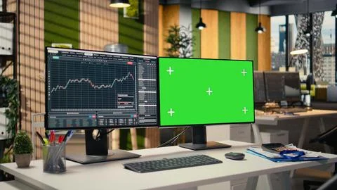 Green screen PC displaying stock market graphs in proprietary firm office Stock Photos