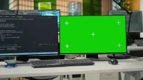 Green screen PC in empty startup office with programming language script Video stock 323143313