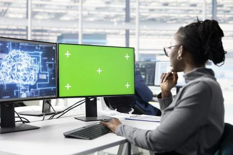 Green screen PC, optimizing hardware and female technician using AI Stock Photos