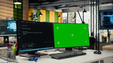 Green screen PC in Silicon Valley company office used to automate tasks 스톡 사진