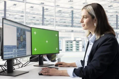 Green screen PC, tracking microchip defects data and yield enhancement engineer Stock Photos