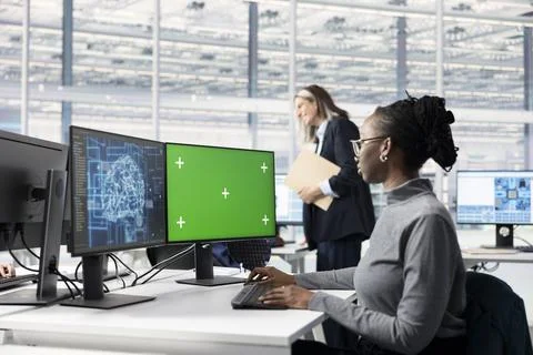 Green screen PC, using artificial intelligence and woman Stock Photos