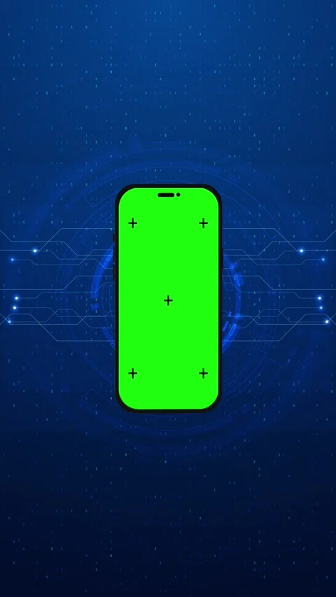 Green screen phone tech chroma markers, blue circuit lines, digital numbers, and Stock Footage 340526867