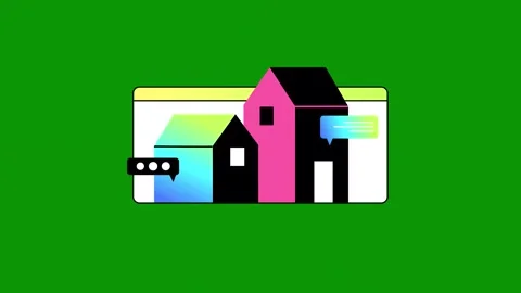 Green screen pink house image black cat design animated chromakey layers Stock Footage 314070382