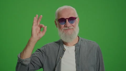 Green Screen. Portrait Of Smiling Old Man in the Funny Glasses Showing Ok Sign. Stock Footage 263399378