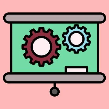Green screen shows two interlocking gears. Red gear larger, blue gear small.. Stock Illustration