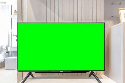 Green screen on smart TV, Digital Television on white wall background Stock Photos
