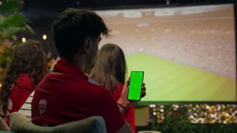 Green screen smartphone used by supporter checking live scores on betting app Stock Footage 346781281