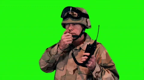 Green screen soldier on radio Stock Footage