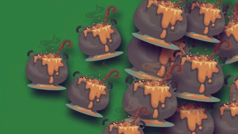 Green screen stack of pots filled orange liquid pile chocolate covered in lots Stock Footage 336053105