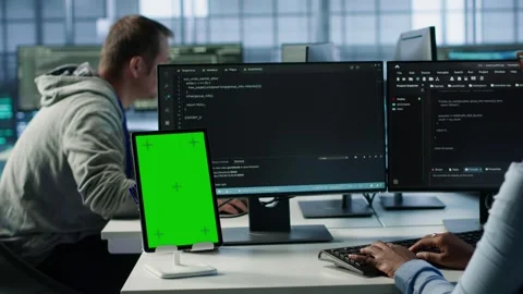 Green screen table in data center in front of IT support specialists Stock Footage 319268378